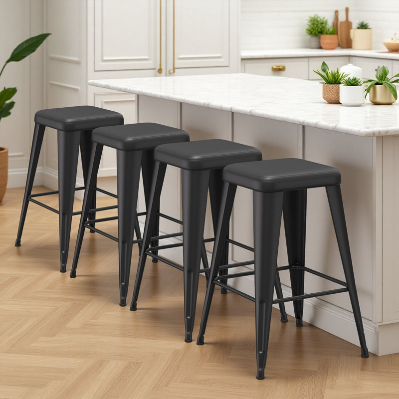 Upholstered Seat Counter Stools with Metal Frame, Black, 4, Counter Stool (26" Seat Height)