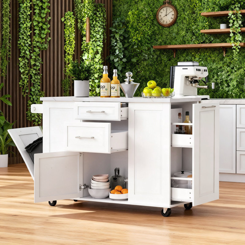 Rolling Kitchen Island on 5 Wheels with Drop Leaf, White