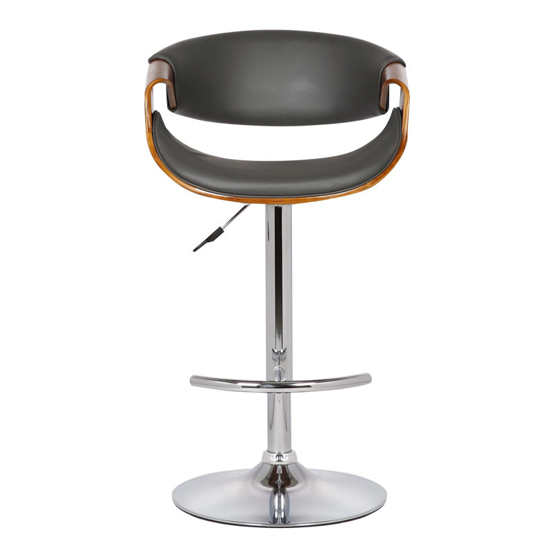 Alvin Swivel Adjustable Height Bar Stool with Pedestal Base in Faux Leather, Walnut Wood and Chrome, Grey Faux Leather