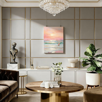 «Pink Ocean Sunset», peinture d'art sur toile, paysage marin pastel avec vagues et voiliers, décoration murale bord de mer pour cadre de salon, cadre en bois massif, 16 po x 24 po