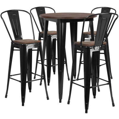 Lafonya 30" Round Metal Bar Table Set with Wood Top and 4 Stools