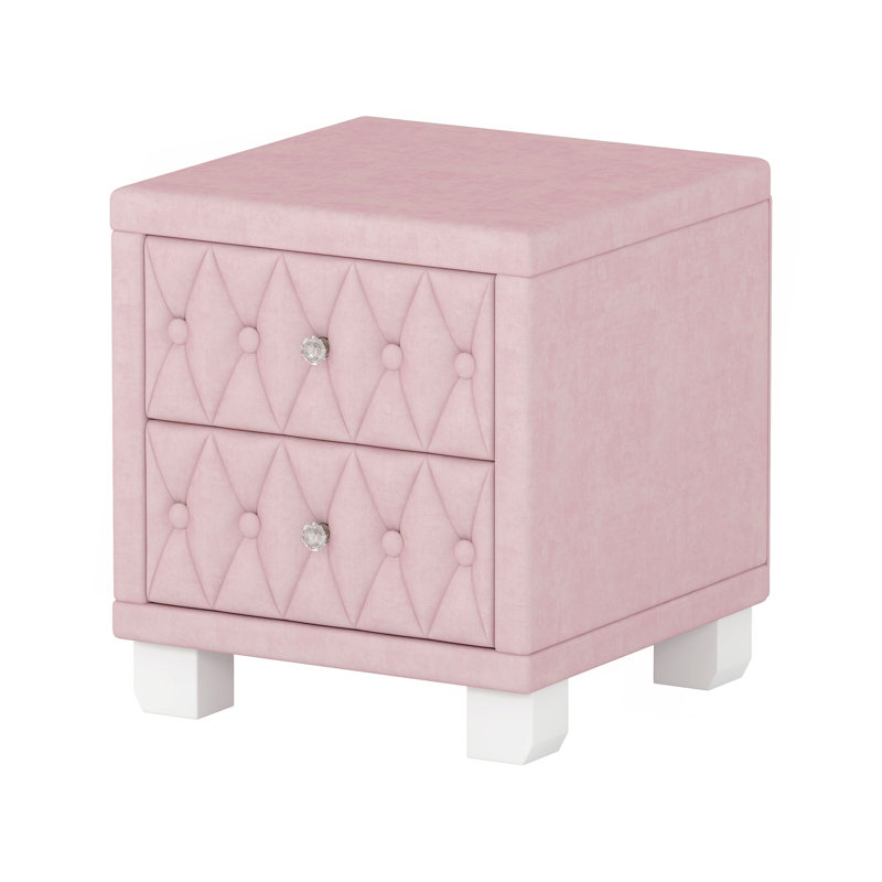 Elegant Velvet Nightstand With 2 Drawers And Crystal Handle, Storage Bedside Table With Button-Tufted, Pink