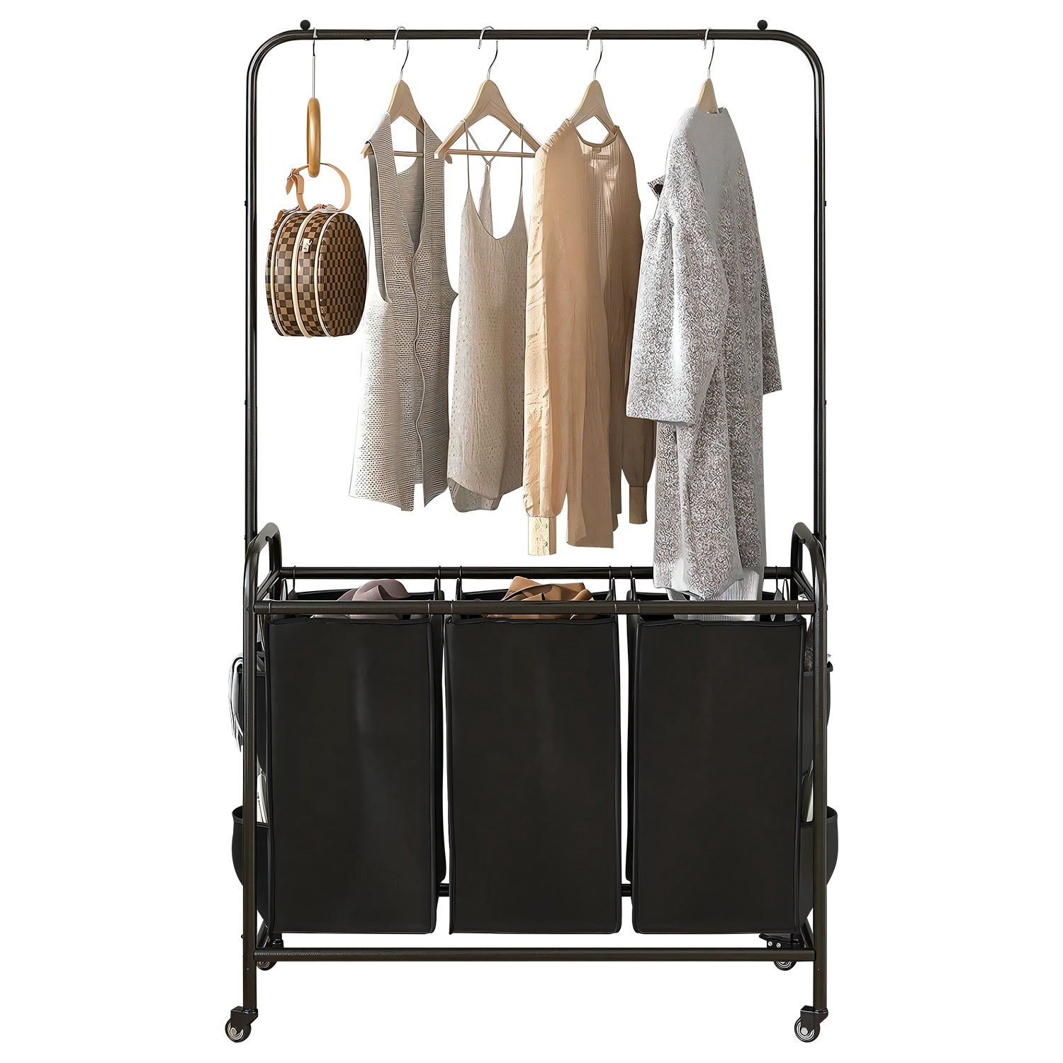 Edge Collections 3-Bag Laundry Sorter with Hanging Bar and Lockable ...