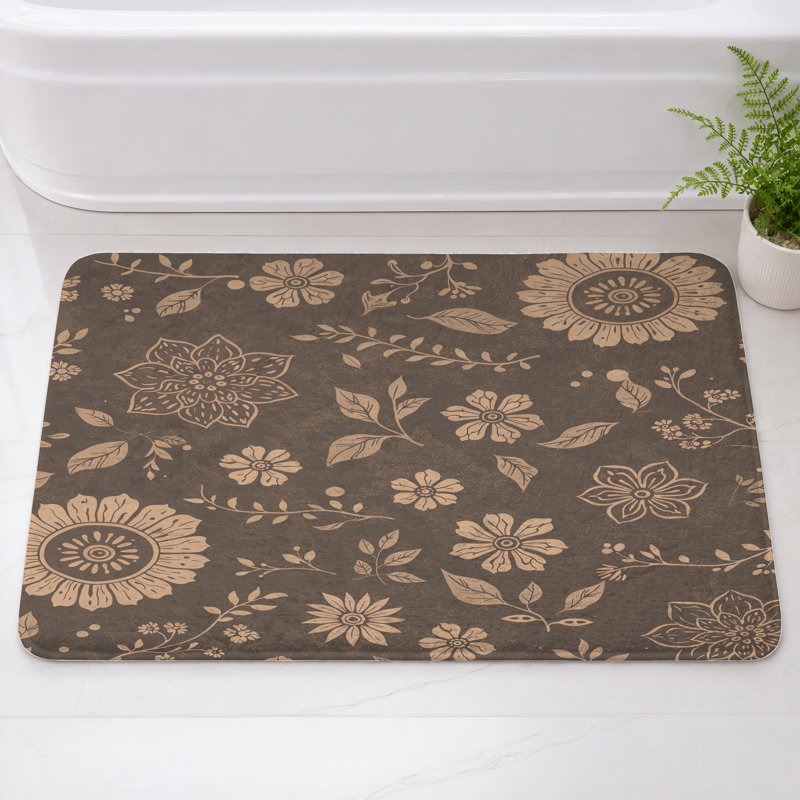 Tapis de bain à motif floral, 34 po L x 21 po L, Brun foncé / beige moyen