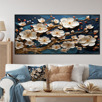 Orchidée blanche et bleue, branches d'arbre doré II - art mural floral abstrait