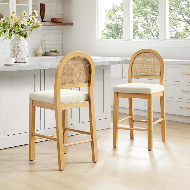 26''H Rattan Bohemian Solid Wood Counter Stool, Natural, 2