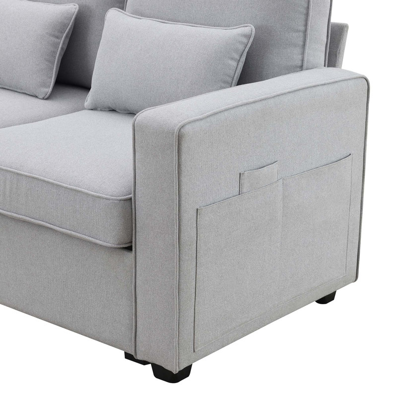 Modern Linen Fabric Sofa with Armrest Pockets and 4 Pillows for Comfortable Living, Light Grey