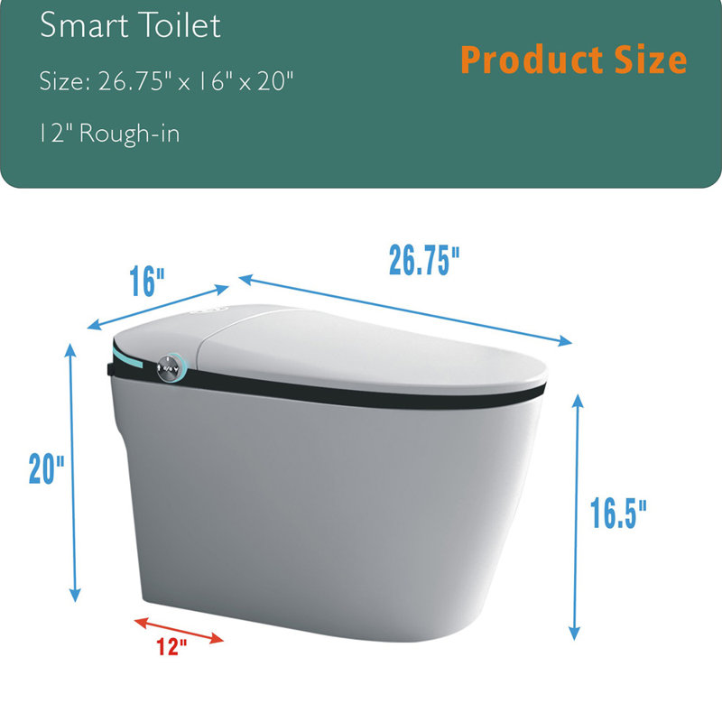 Toilette intelligente à bidet avec pulvérisateur d'eau chaude instantanée et sécheuse, fonction de chasse d'eau automatique / capteur de pied, affichage DEL