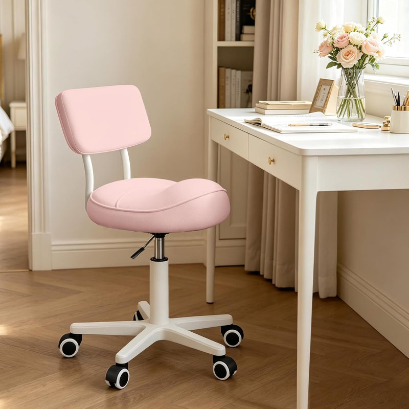 Tabouret ergonomique selle avec dossier, chaise pivotante à roulettes réglable en hauteur, rose, Rose