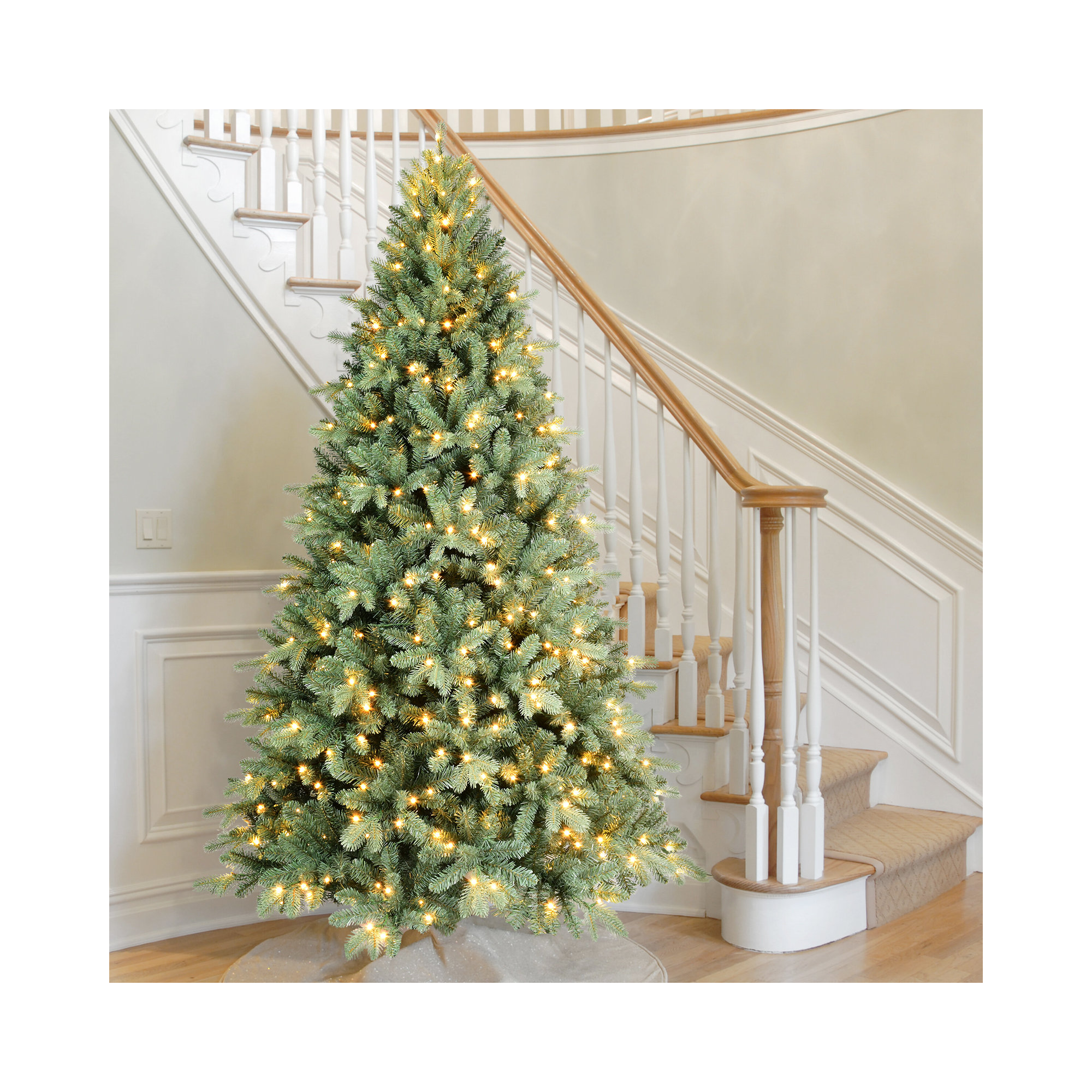 Pre-Lit Artificial Christmas Tree with PE&PVC Mixed Branch Tips, Warm White Lights, Hinged Premium, 9 ft