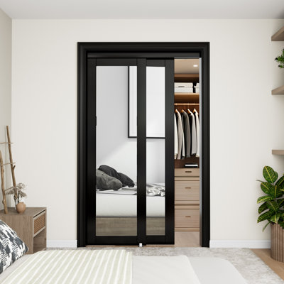 48"x80" Black Sliding Closet Door with Full Body Mirror Complete Hardware Kit Included, Assembled and Ready to Use