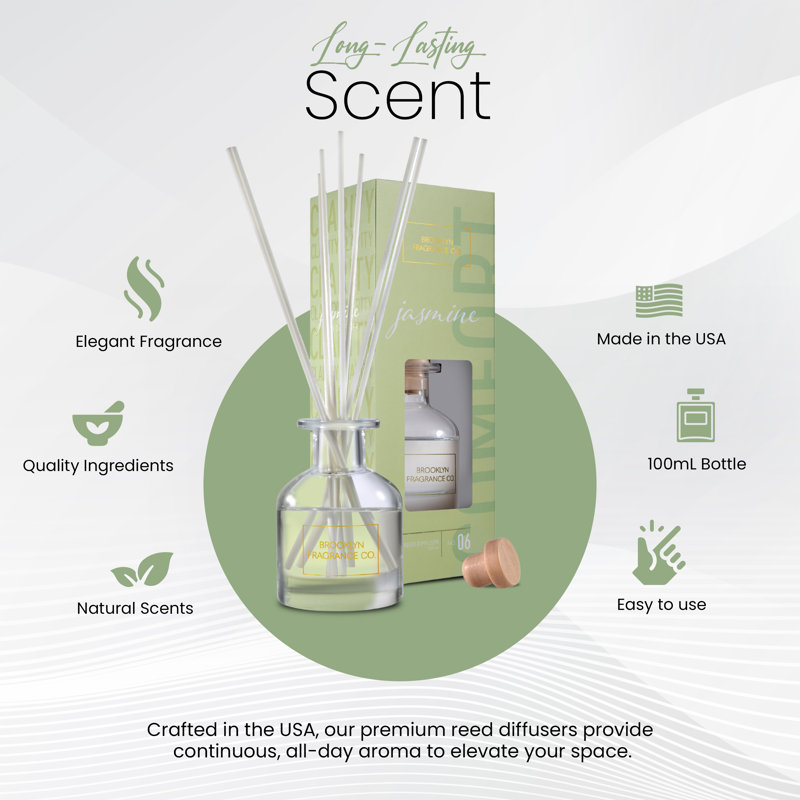 Brooklyn Fragrance Co. Aroma Diffuser - Long Lasting Premium Fragrance - Air Fresheners For Home Jasmine Scents - Reed Diffuser For A Large Room - 100ml