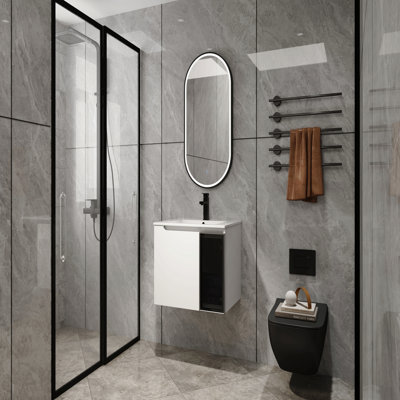 Meuble-lavabo mural 24 po avec lavabo en céramique, 2 portes à fermeture en douceur, meuble-lavabo blanc brillant et 1/2 porte en verre gris, contreplaqué (Kd-Packing)