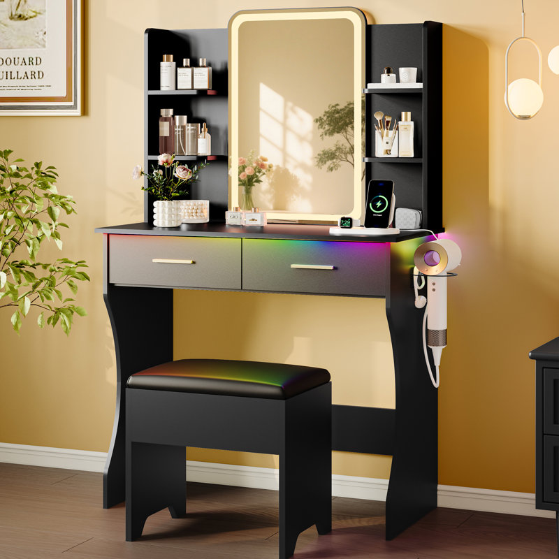 Lacorsha Makeup Vanity Set with LED Mirror ,Vanity Desk Stool with Power Outlet,2 Drawers,6 Shelves with Brightness Lighting, 1 Hair Dryer Holder