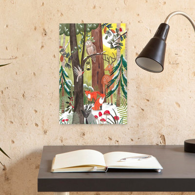 Green Christmas forest with animals Abstract Contemporary Bird Deer Fox Forest Landscape Wall Art Print 1 Piece Wrapped Canvas Wall Art