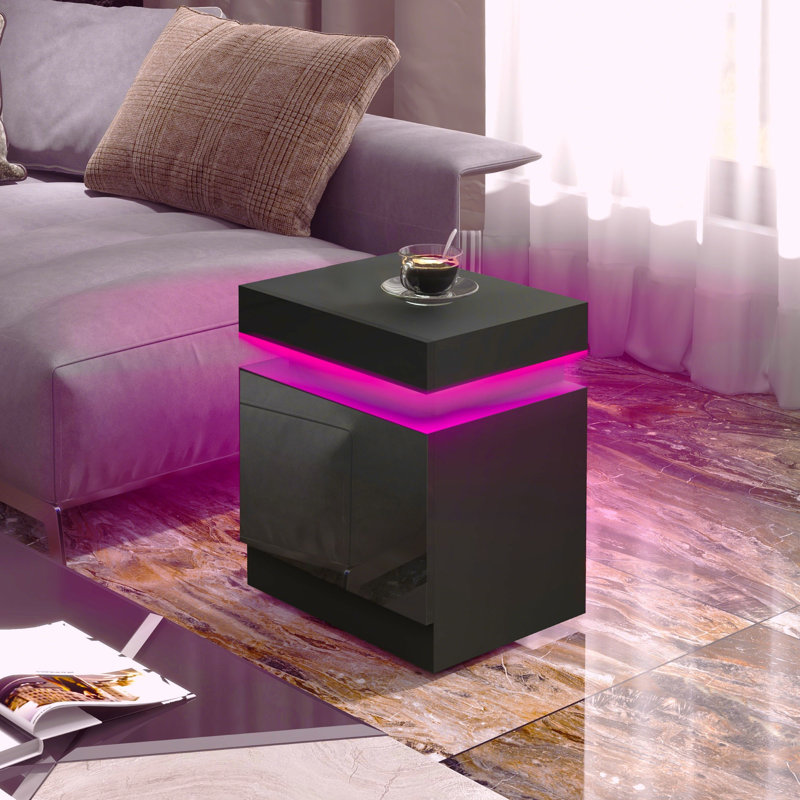 Table de chevet, table d'appoint avant brillante avec lumières DEL, pour chambre à coucher, Noir