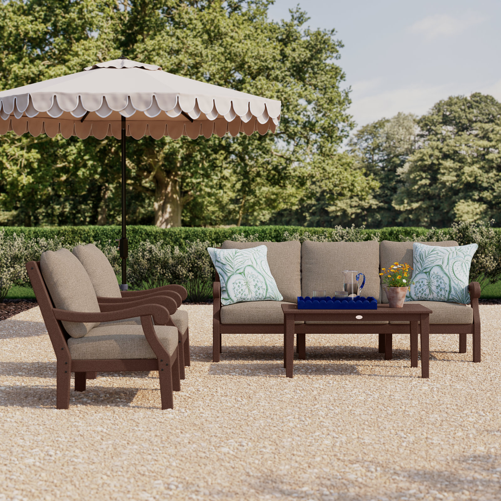 POLYWOOD® Verlyn 5-Person Patio Seating Group, Spiced Burlap Cushion/Mahogany Frame