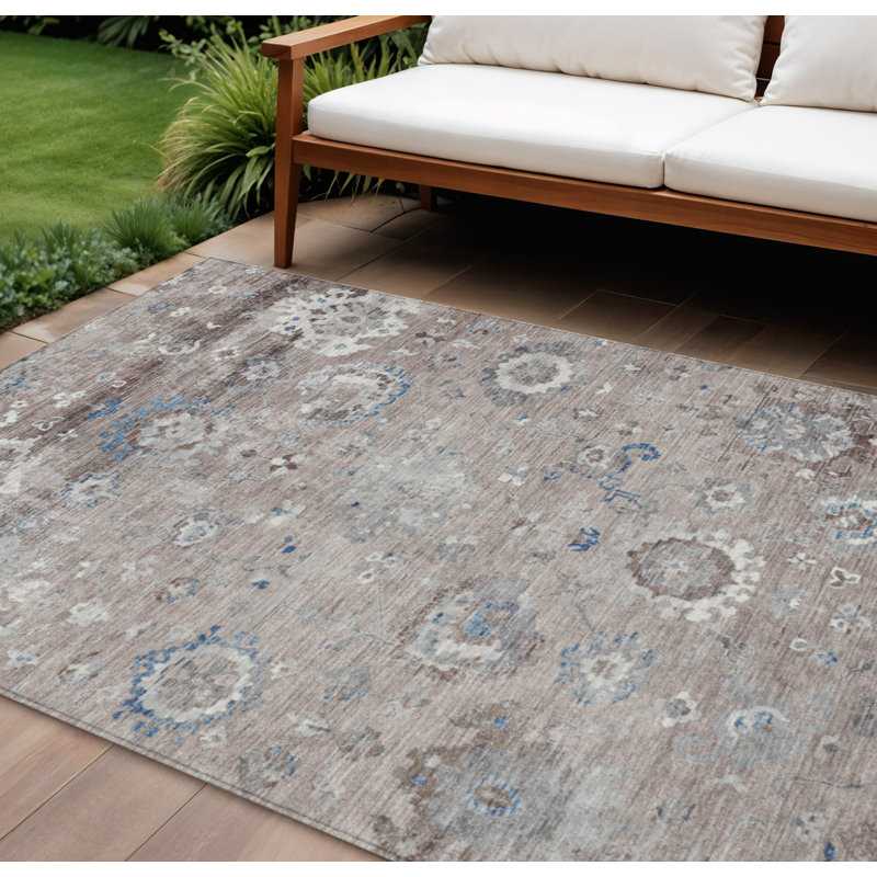 Tapis extérieur lavable floral taupe et brun 10 pi x 14 pi
