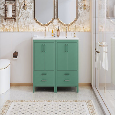 Ensemble de meuble-lavabo 48 po avec lavabo en céramique, meuble Storae autoportant moderne avec poignées argentées, portes à fermeture douce