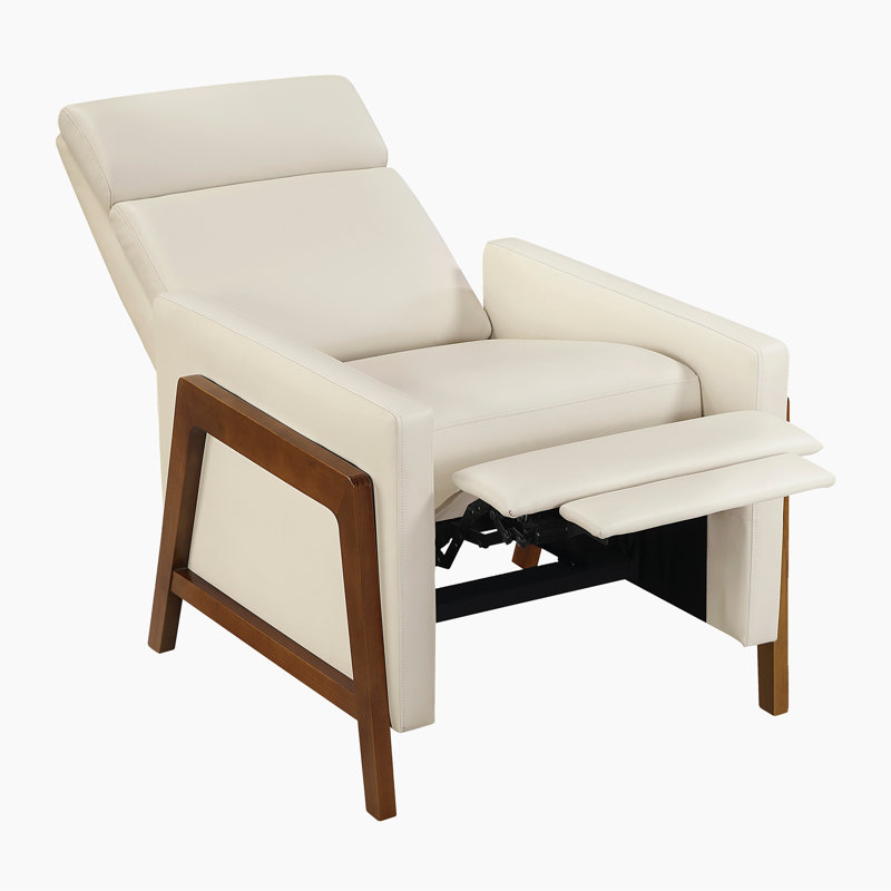Renly 29" Mid-Century Modern Faux Leather Push Back Reclining Chair with Dark Brown Wood Frame & Metal Reinforced Seat