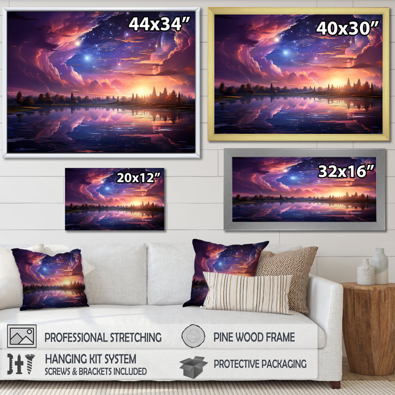 «Pink Moon Sunrise Space Landscape II», art mural abstrait, Cadre de coin argenté fermé, H 16 po x l 32 po x P 1 po