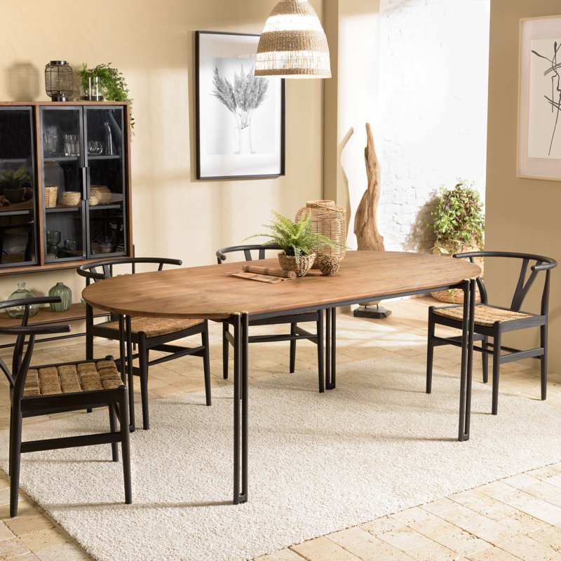 Aalaysia Teak Oval Solid Wood Top Metal Base Dining Table