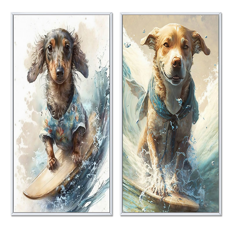 «Dog Surfing», 2 pièces, Cadre blanc, H 20 po x l 24 po