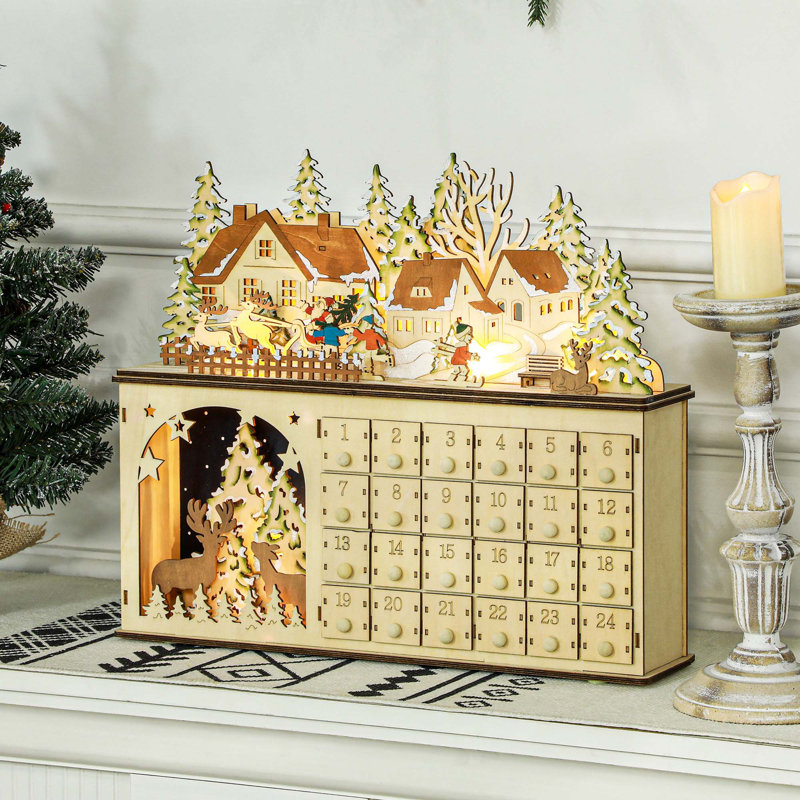 Light Brown Wooden Christmas Advent Calendar with LED Lights