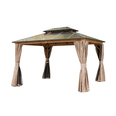 10'x12' Hardtop Gazebo with Polycarbonate Double Roof, Permanent Outdoor Aluminum Pavilion with Privacy Curtains & Bug Netting for Patio, Deck, and Backyard (Wood-Looking Finish)