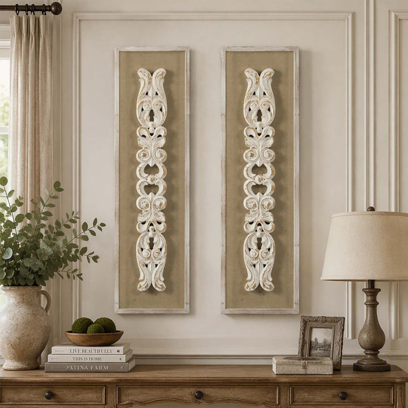 Ensemble de décorations murales en bois à volutes tridimensionnelles, blanc délavé antique, pour une touche de style traditionnel.