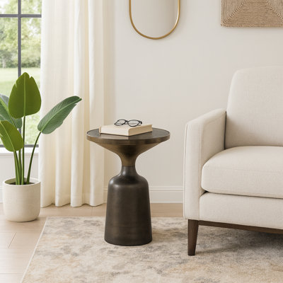 Hadijatou Accent Table Metal Stone Wood Aluminum Marble Modern Contemporary Design Geometric Base Sculptural Round Top Mixed Material Construction Indoor Decor Versatile Silhouette