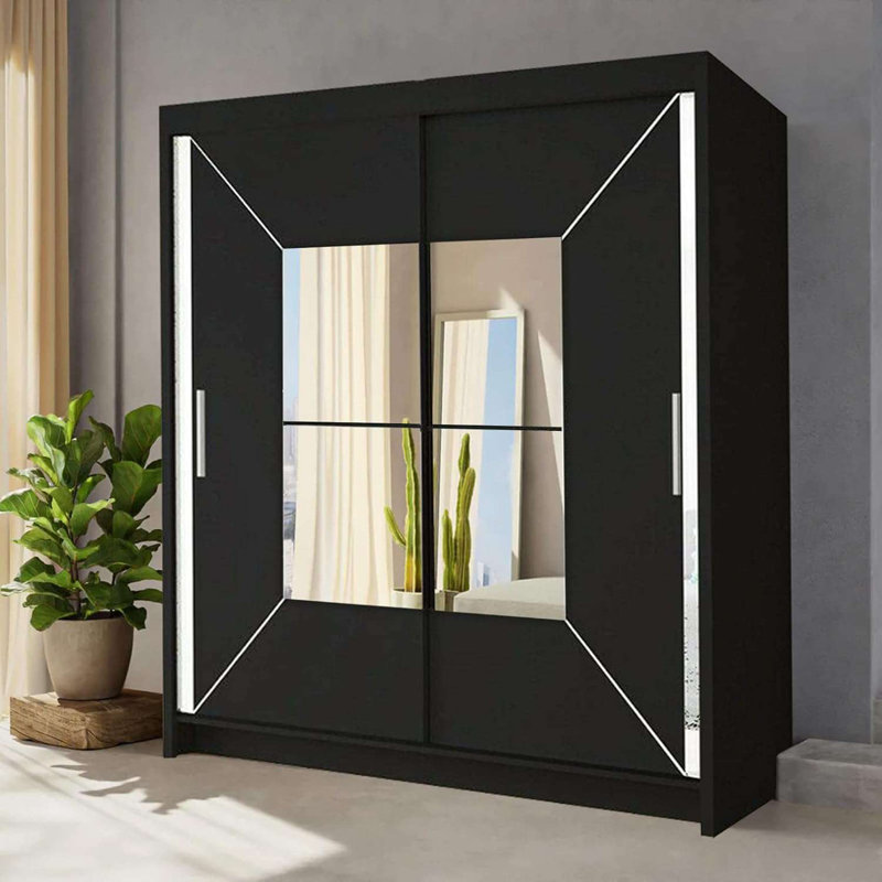Crego 2 Door Manufactured Wood Wardrobe, 217cm H x 203cm W x 62cm D, Black