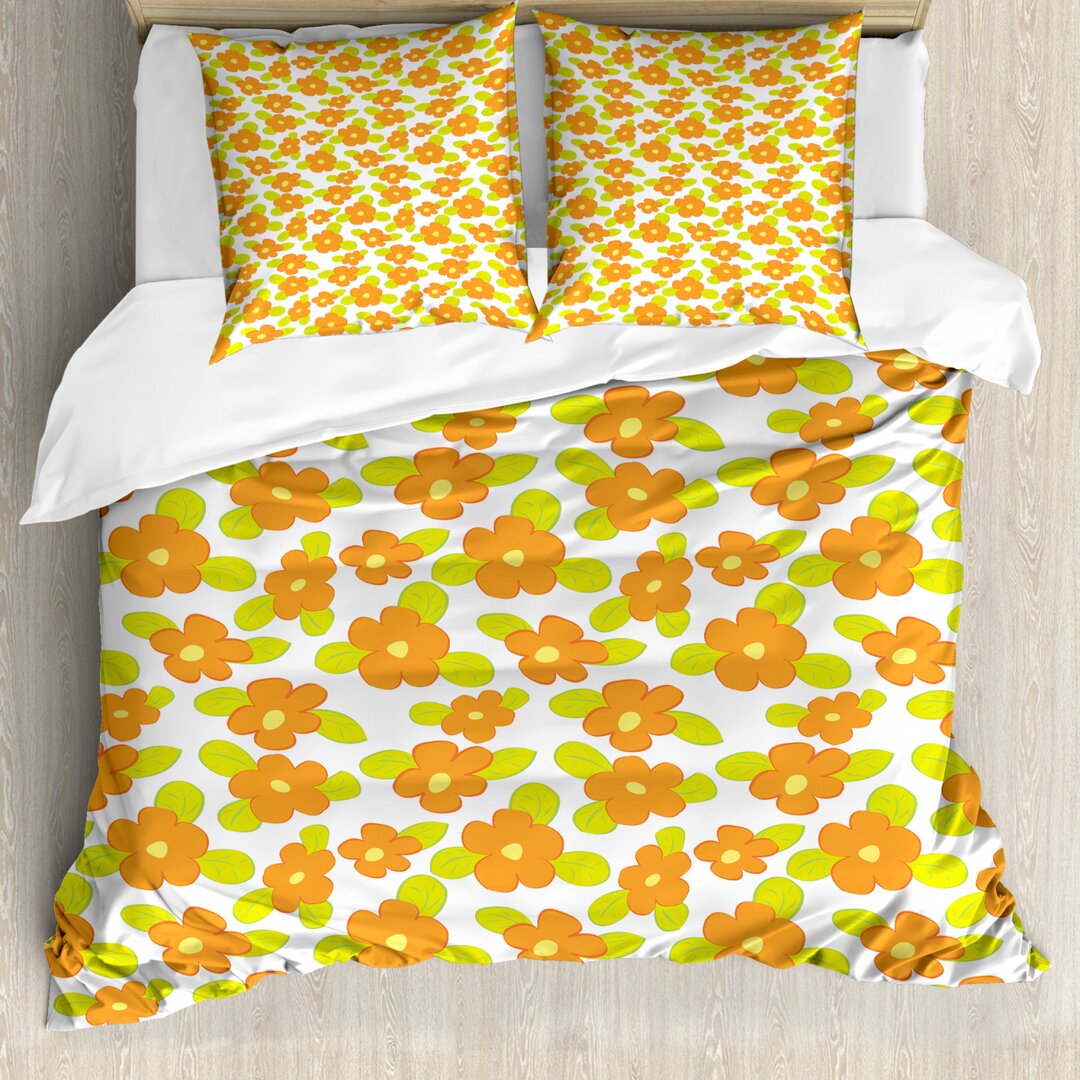 Bettbezug Set, Kind-Mädchen-Doodle Floral, Orange, Apfelgrün Orange