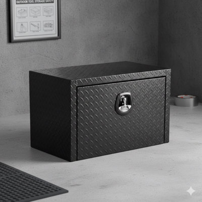 Heavy-Duty Aluminum Truck Tool Storage Box, 30-Inch Length, Designed For Under-Bed Mounting; Secure Organizer Chest Includes Lock And Keys, Weather-Resistant Construction, Extra-Thick Diamond Plate Texture, Matte Black Finish