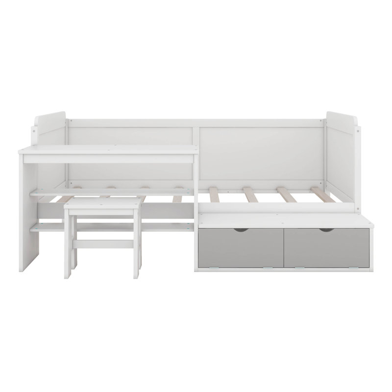 Twin Daybed With Storage Shelves And Study Desk, Matching Stool, White