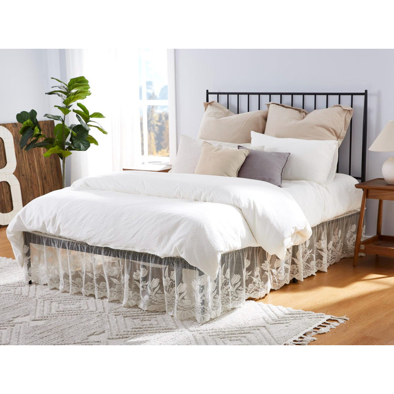 Lace Bed Skirt For Farmhouse Or Victorian Bedding. Dust Ruffle Bed Skirt For Any Bedroom Decor, Beige, King