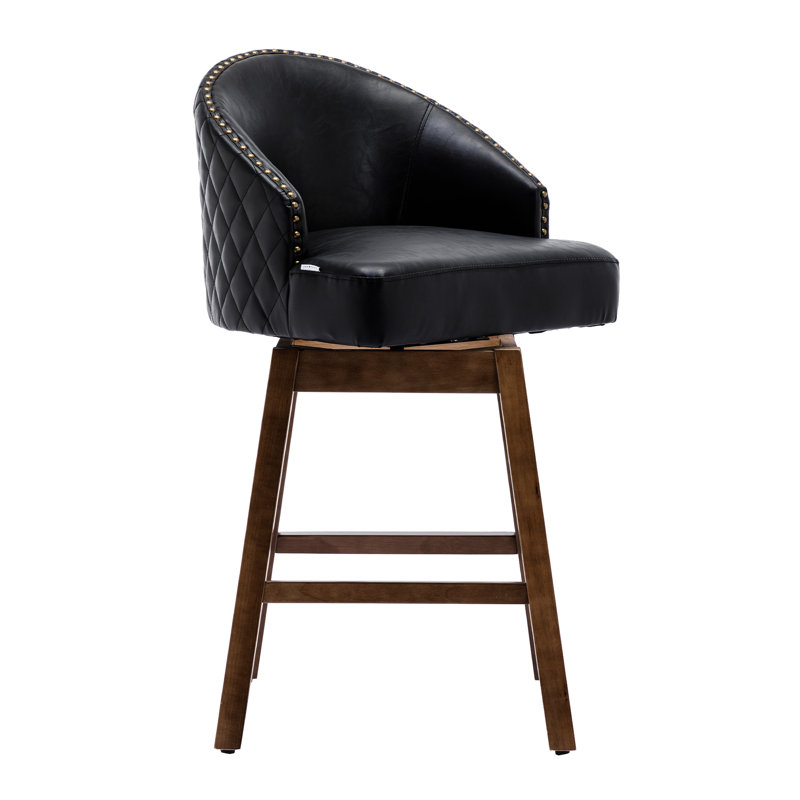 Tabouret de cuisine pivotant en cuir, hauteur du comptoir, pieds en bois, coussin confortable, rotation à 360°, mousse haute densité, dossier en losange, structure en bois massif.