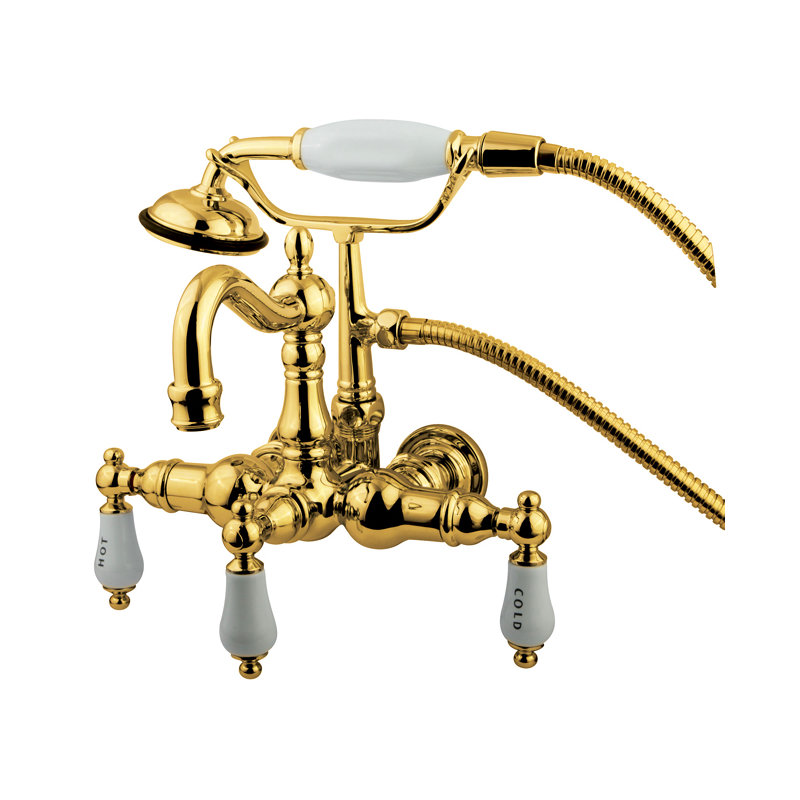Hot Springs Triple Handle Wall Mounted Clawfoot Tub Faucet with Handshower, Brushed Nickel