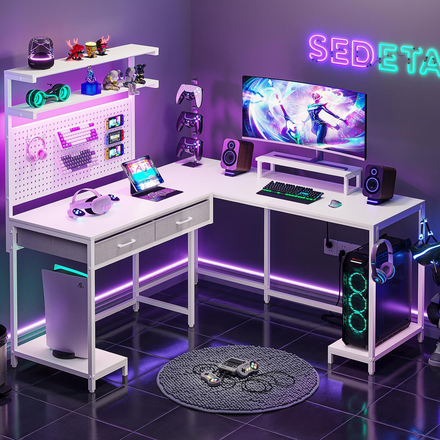 L Shaped Gaming Desk with LED Lights Pegboard and Drawers Corner Computer  Table