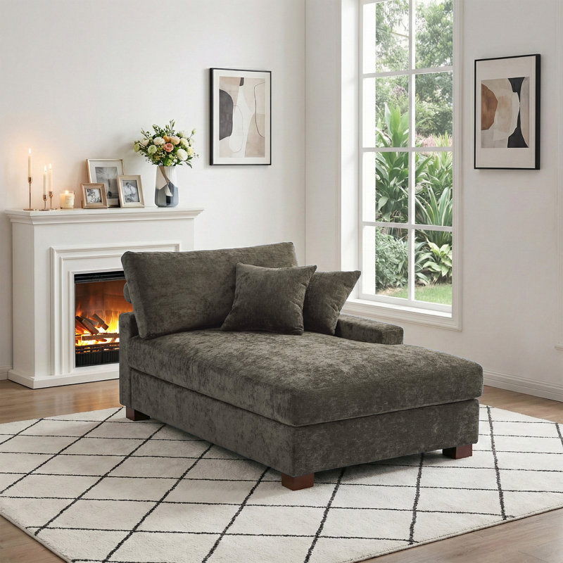 Milbrey Oversized Upholstered Chaise Lounge with Armrests & Throw Pillows, Camel, Right Hand Facing, Chenille