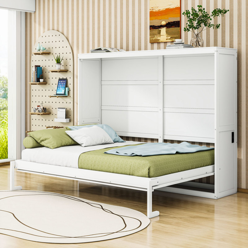 Lit escamotable en bois avec lattes de soutien, Blanc, Grand