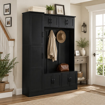 4-In-1 Modern-Style Entryway Shoe Bench — Black, Featuring 6 Cabinets & 4 Hooks — Adjustable Shelving Storage Unit For Living Room, Hallway, And Entryway