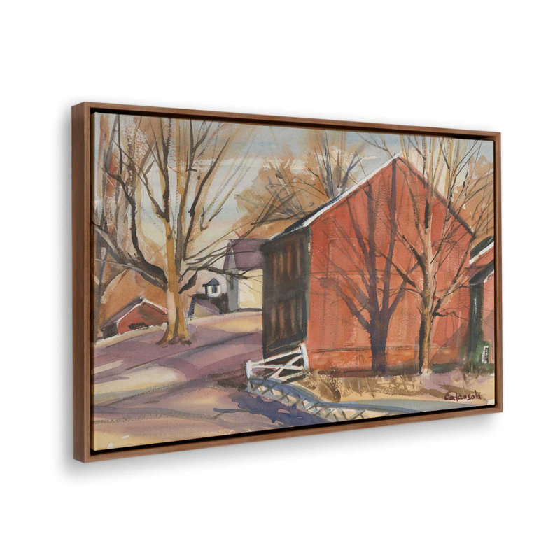 «Red Barn with Barren Trees» par Stephen Calcasola, reproduction d'art sur toile, H 36 po x l 48 po, Brun