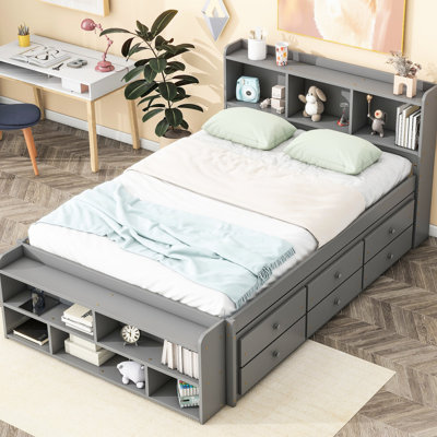Lit double gris avec tête de lit pratique et options de rangement pour bibliothèque et dessous de lit, couleur