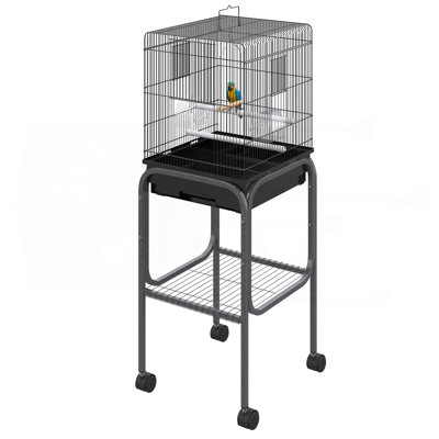 45-inch Metal Indoor Bird Cage, Parrot Cage, Bird Aviary with Detachable Rolling Stand, Storage Basket, and Accessories - Black