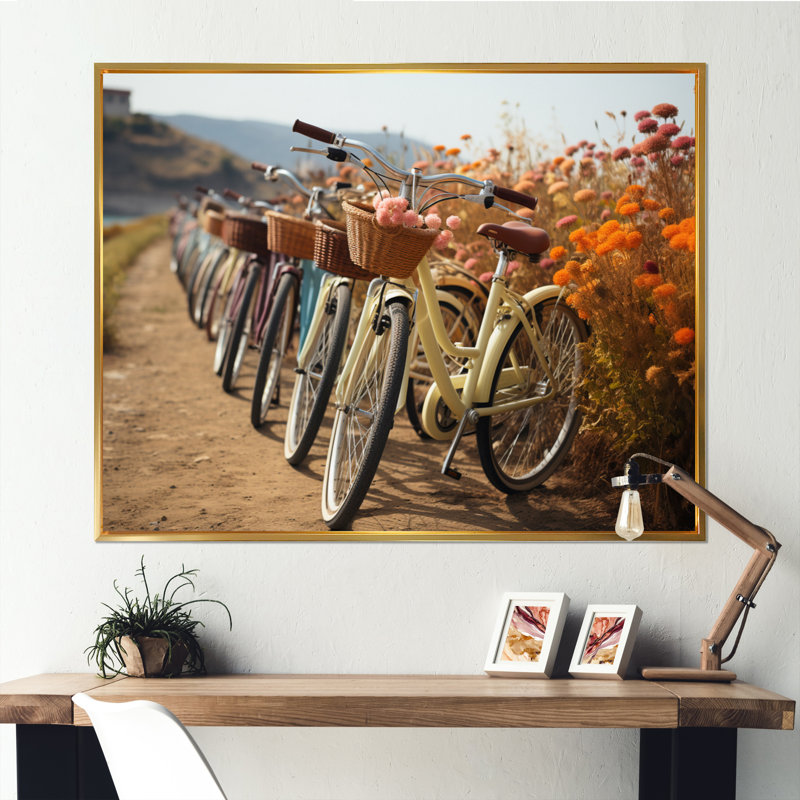 Vélo sur des voies cyclables harmonieuses - art mural sur toile transport, H 30 po x l 40 po x P 1,5 po, Cadre flottant doré