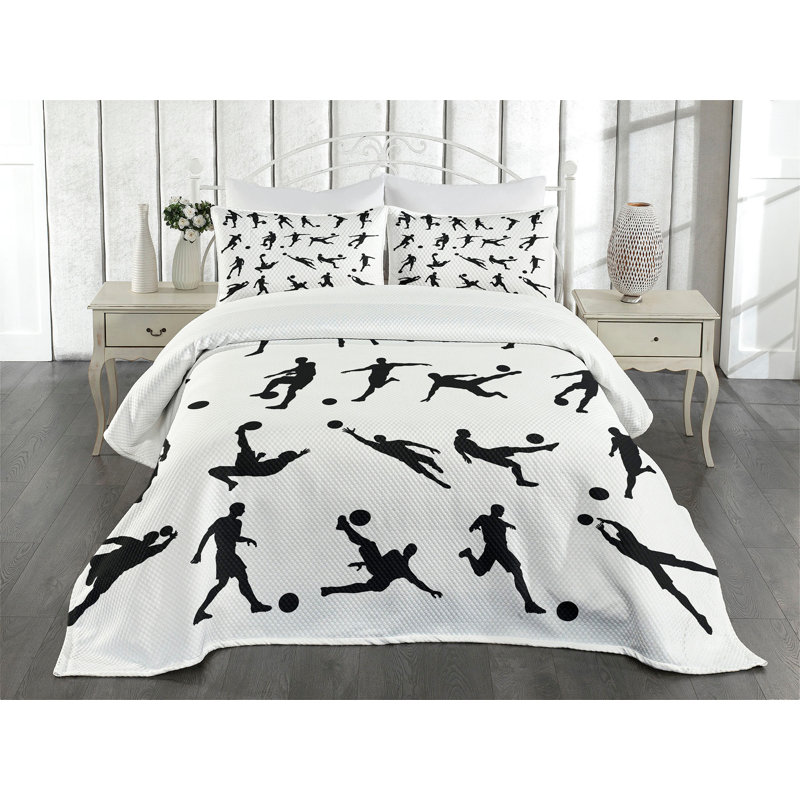 White Polyester Soccer Print Queen Bedspread Set
