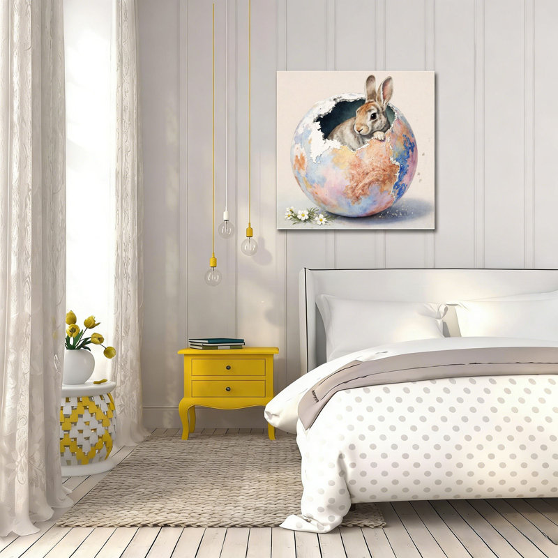 Lapin dans un œuf de Pâques, art mural en bois encastré, 16 x 16