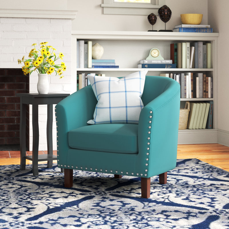 Marwood Faux Leather Barrel Accent Chair with Rubberwood Legs, Turquoise