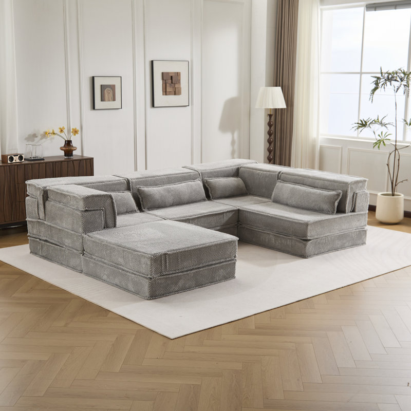 Compression Mahjong Sofa,Convertible Floor Sofa Bed,DIY Boneless Modular Sectional Sofa,No Assembly Required,Circle Fleece Fabric,Oversized 4 Seater With 1 Ottoman,Light-Grey